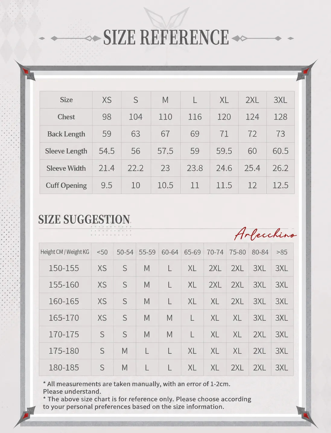 Genshin Impact Arlecchino layered sweatshirt size chart XS to 3XL