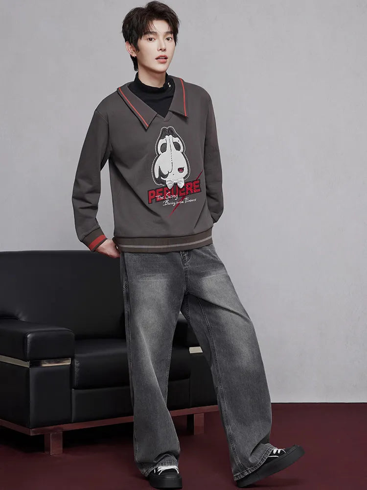 Arlecchino themed charcoal layered sweatshirt with embroidered front graphic