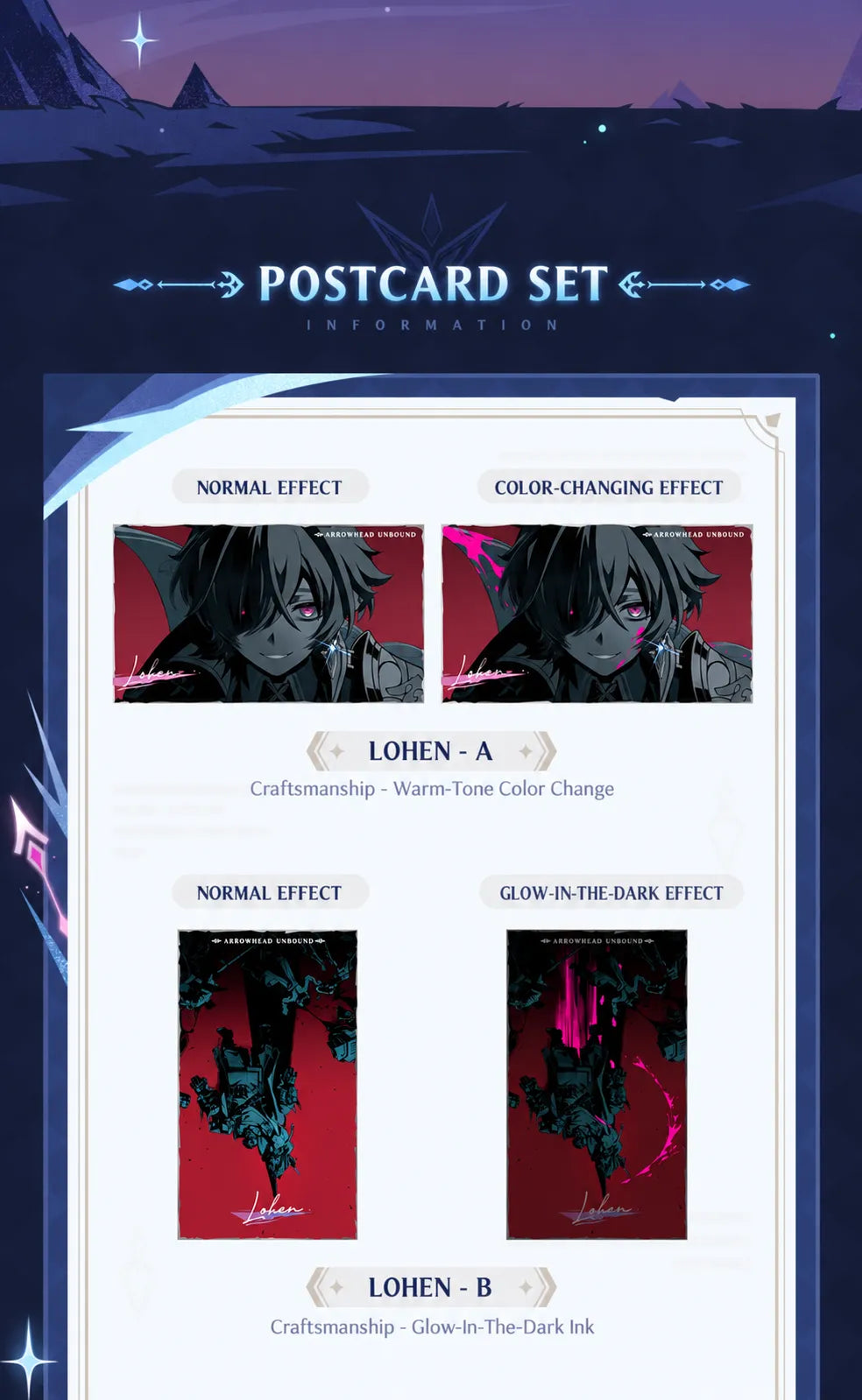 Lohen postcards with color-changing and glow-in-the-dark effects