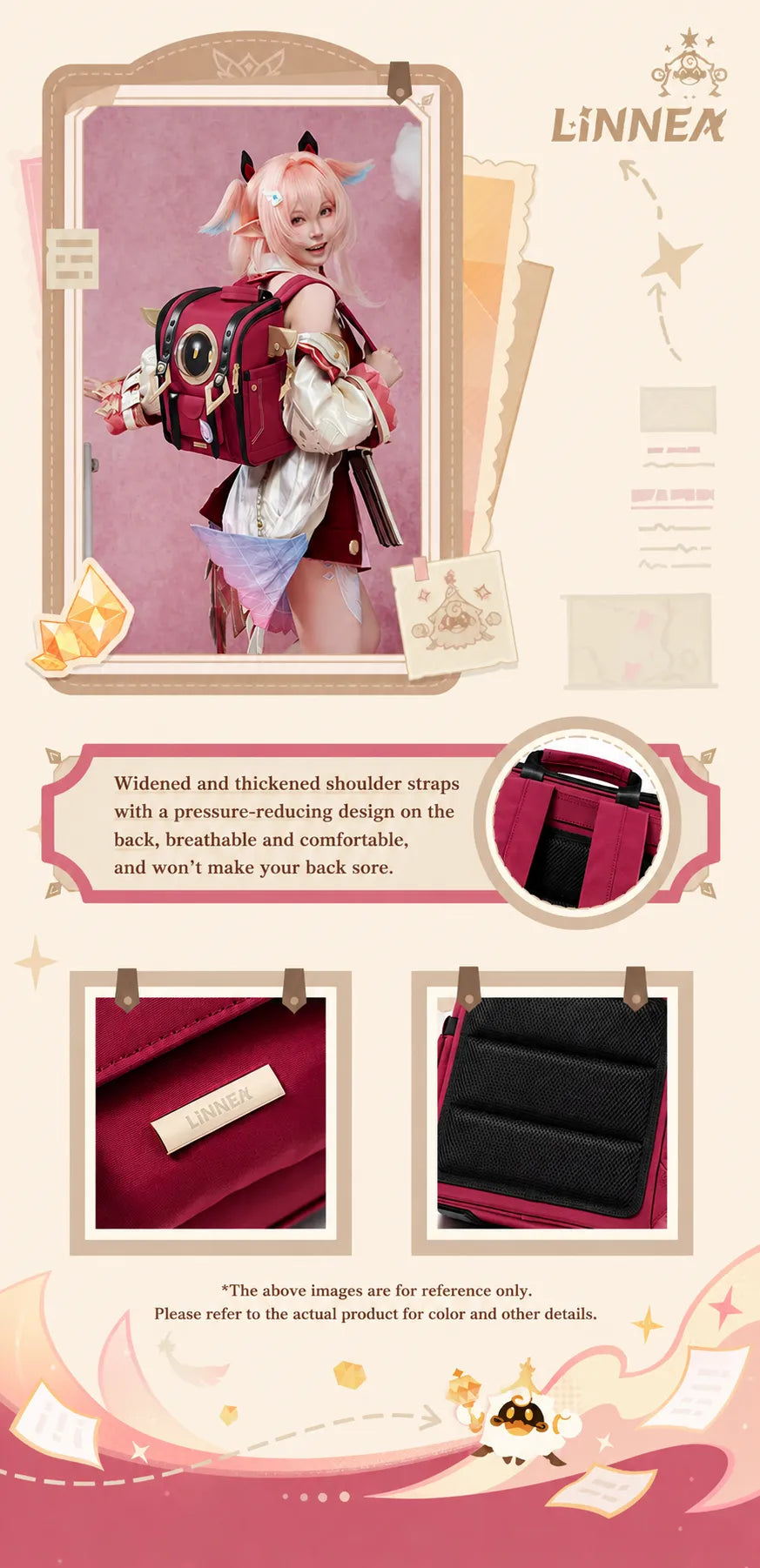 Linnea backpack design details with matching acrylic badge accessories