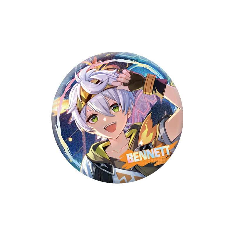 Genshin Impact Bennett character badge with holographic finish and themed artwork