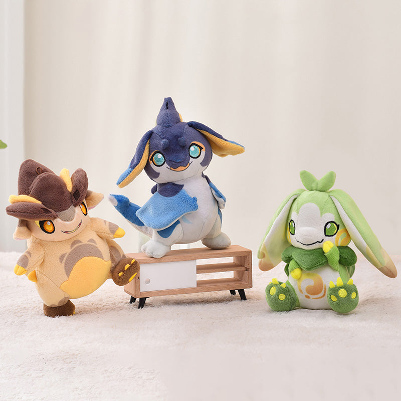 Genshin Blaze to Natlan Series baby saurian plush charms featuring Tepetlisaurus Koholasaurs and Yumkasaurus designs