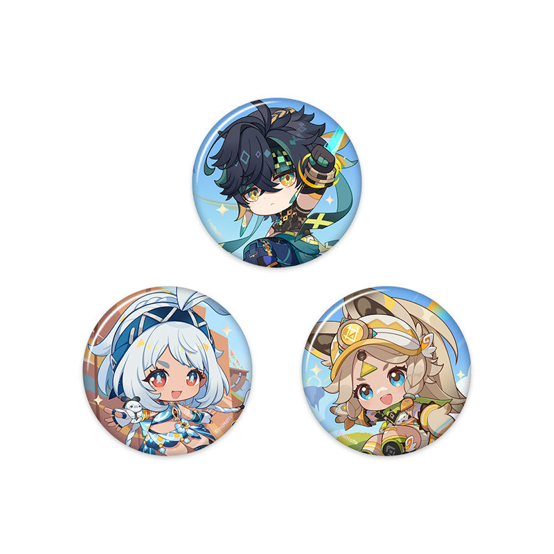 Genshin Blaze to Natlan Series chibi badge collection with Kinich Mualani and Kachina artwork