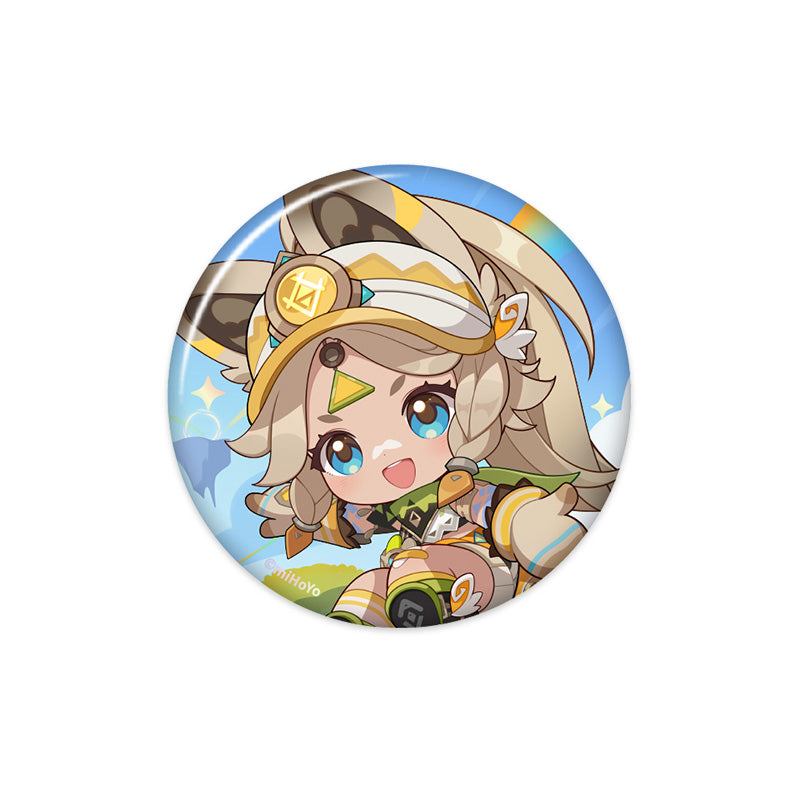 Genshin Impact Blaze to Natlan Series chibi Kachina character badge with vibrant adventure themed illustration
