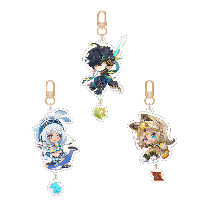Genshin Blaze to Natlan Series chibi acrylic keychain collection featuring colorful character designs