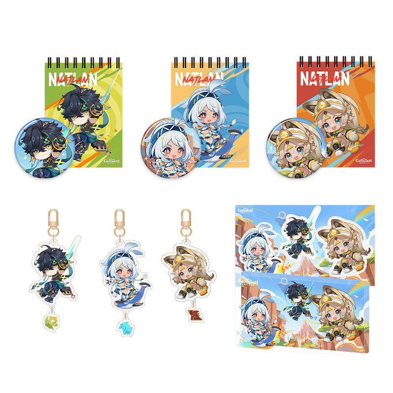 Genshin Blaze to Natlan Series chibi merchandise collection featuring Kinich Mualani and Kachina themed accessories