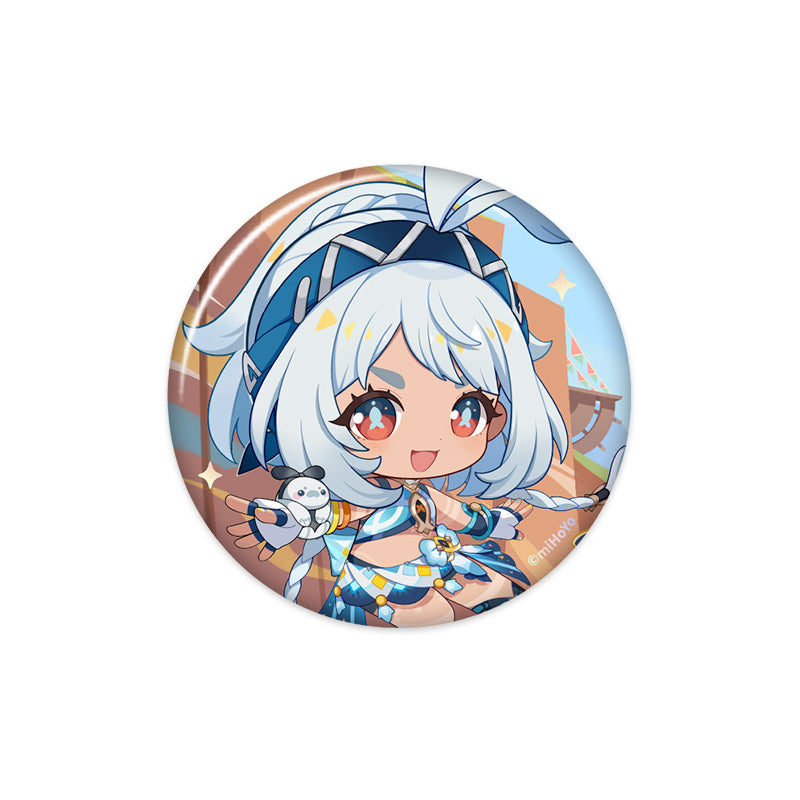 Genshin Impact Blaze to Natlan Series chibi Mualani character badge with colorful surfing themed artwork