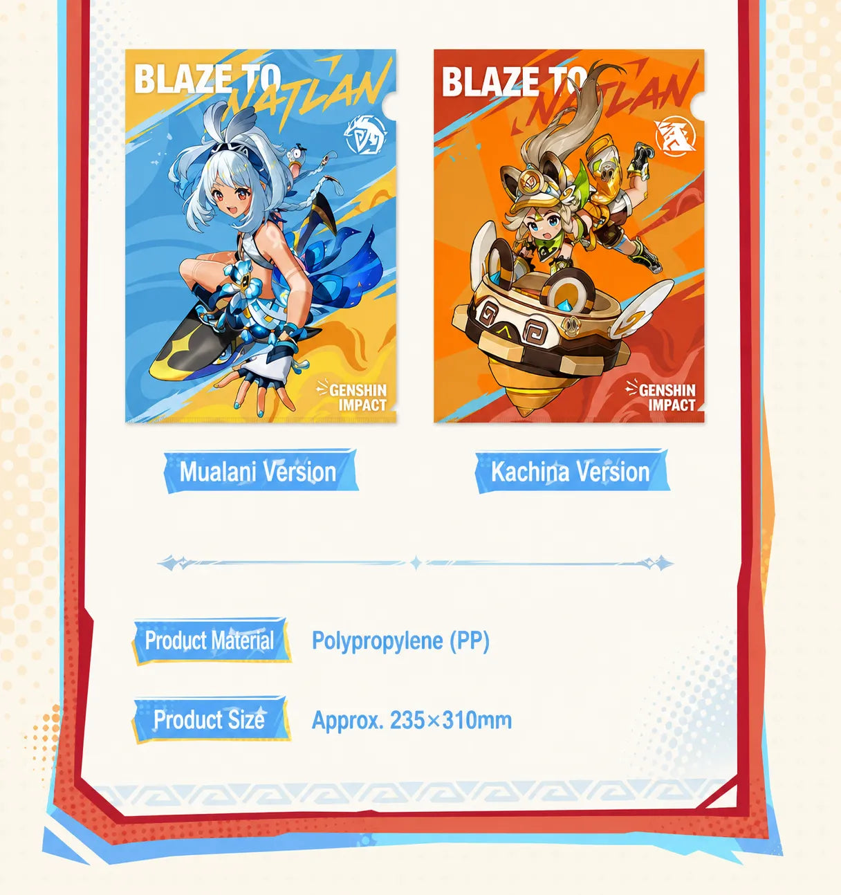 Genshin Impact Blaze to Natlan Series merchandise material and size detail showcase