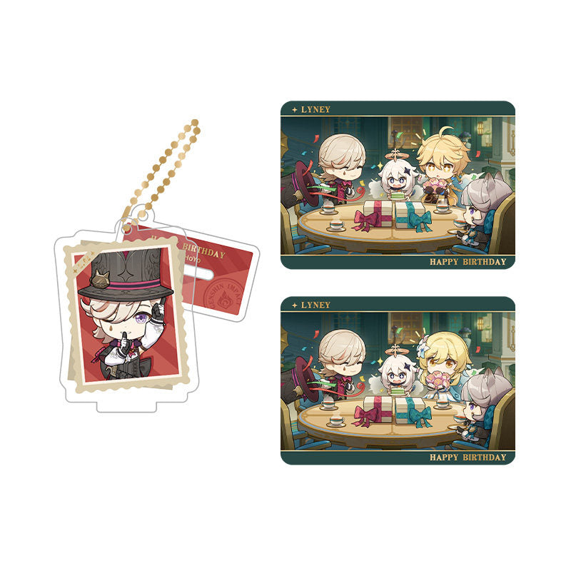 Genshin Impact Lyney acrylic standee and collectible card set from Captured Moments series