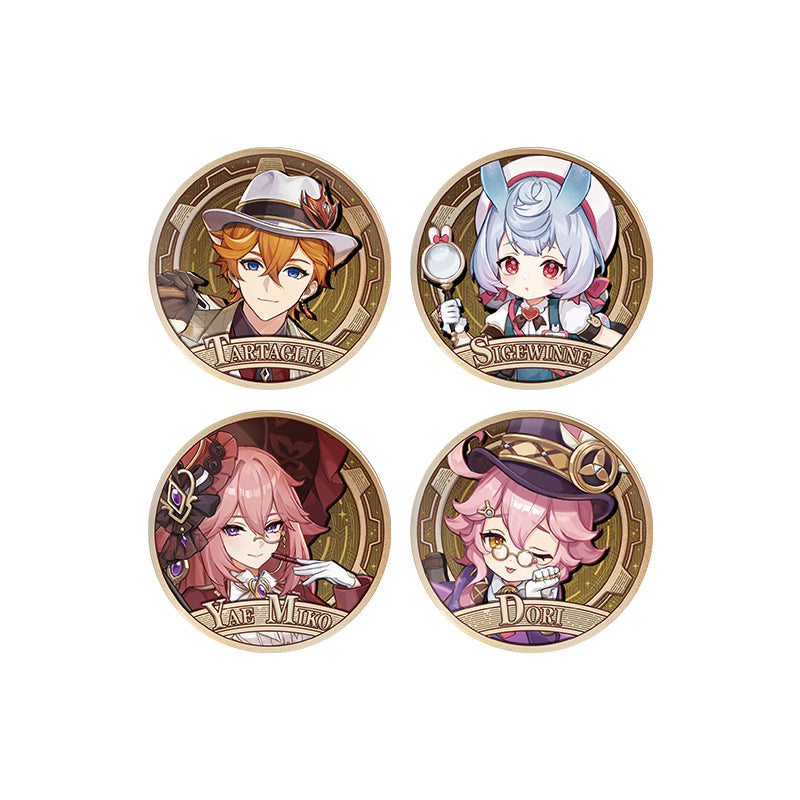 Genshin badge collection featuring Yae Miko Sigewinne Tartaglia and Dori