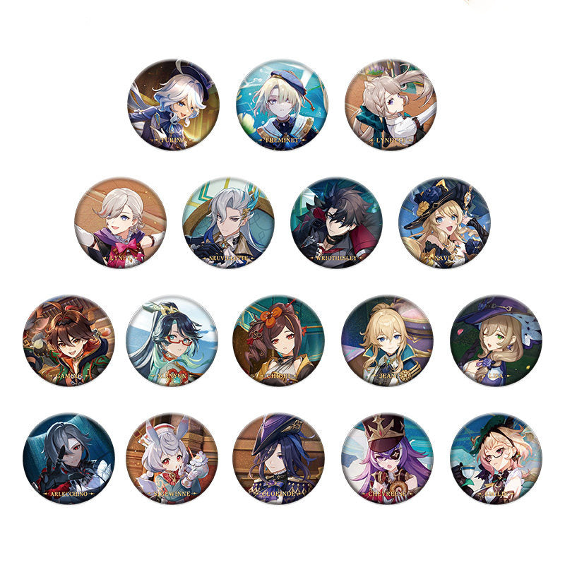 Genshin Impact character badge series featuring Furina Raiden Shogun Nahida Zhongli and Venti anime collectible pins