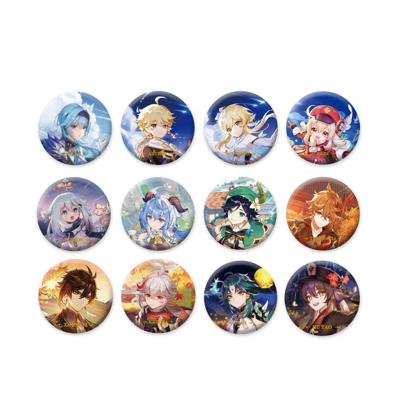 Genshin Impact character badge collection featuring Klee Ganyu Yoimiya Nilou and Navia anime collectible pins