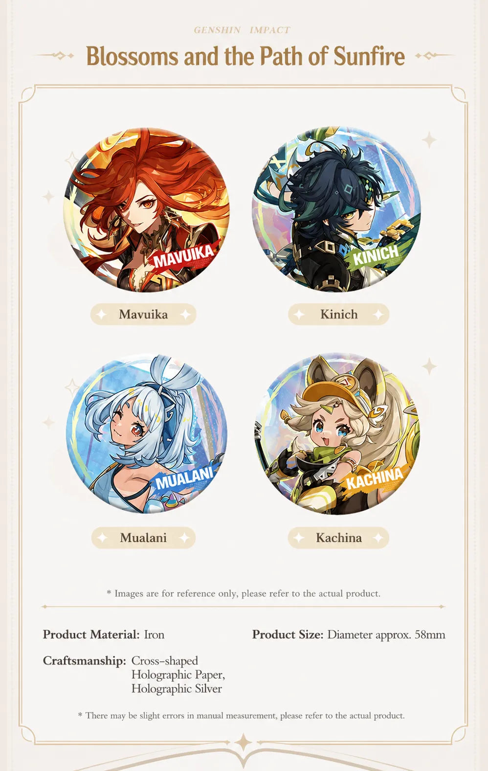 Genshin Impact Chasca and Citlali character badge set with holographic themed artwork