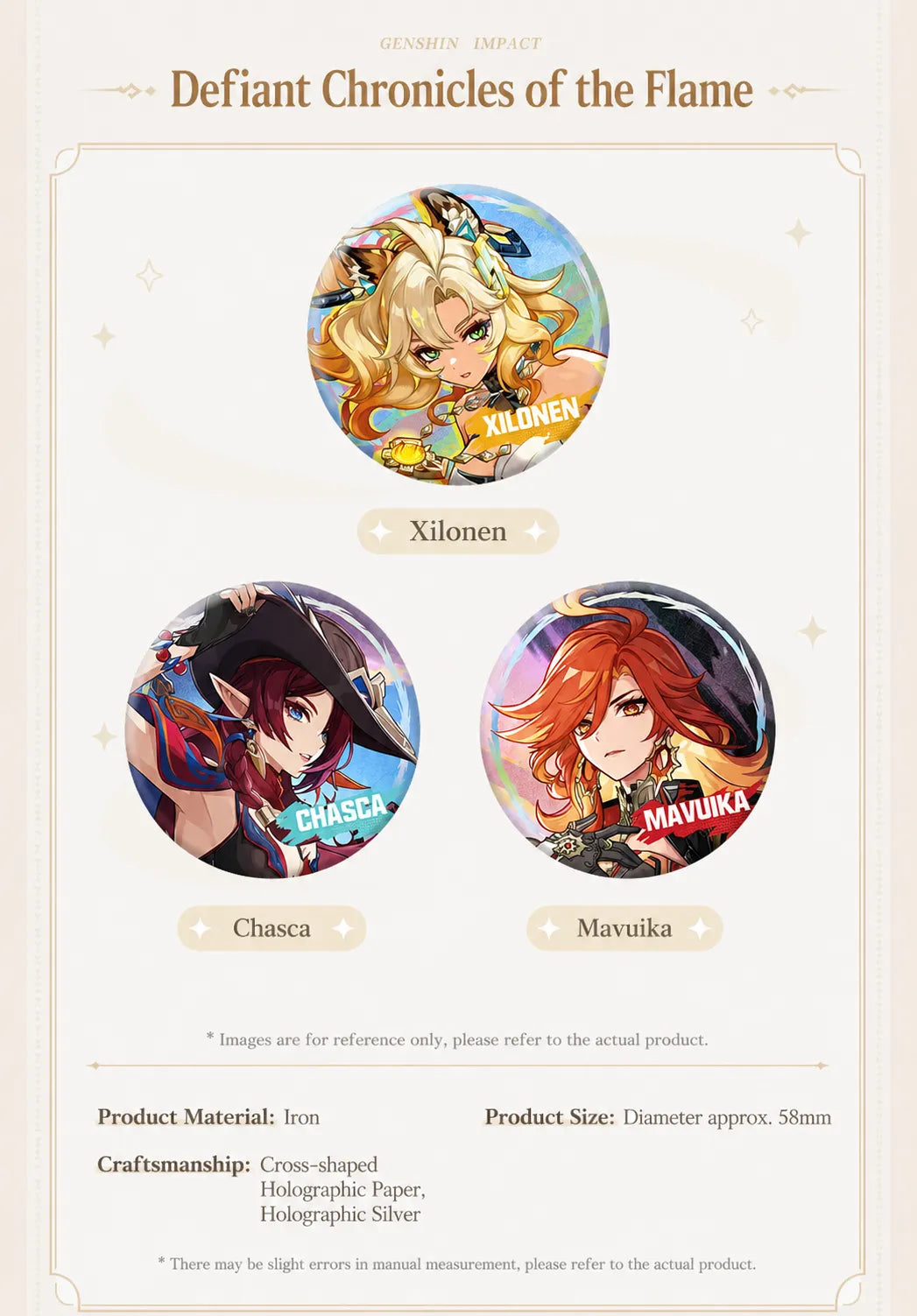 Genshin Impact Mualani and Kachina character badge set with holographic themed artwork