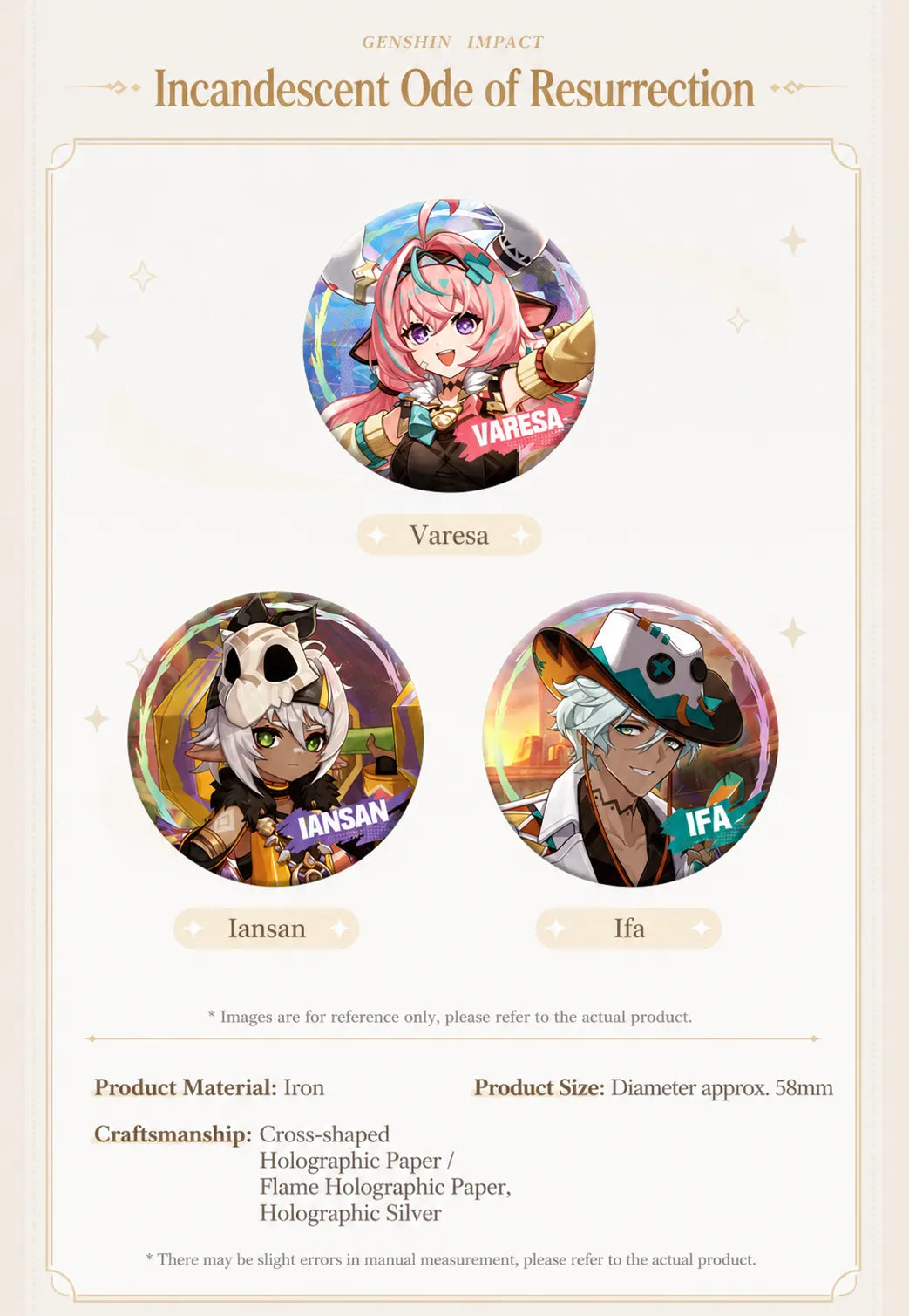 Genshin Impact Varesa Iansan and Ifa character badge set with holographic themed artwork