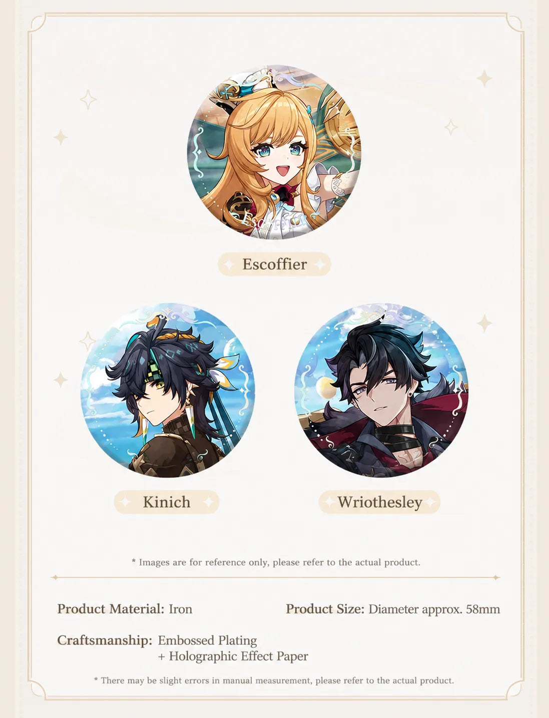Genshin Impact Venti Albedo and Jean Gunnhildr character badge set with holographic themed artwork