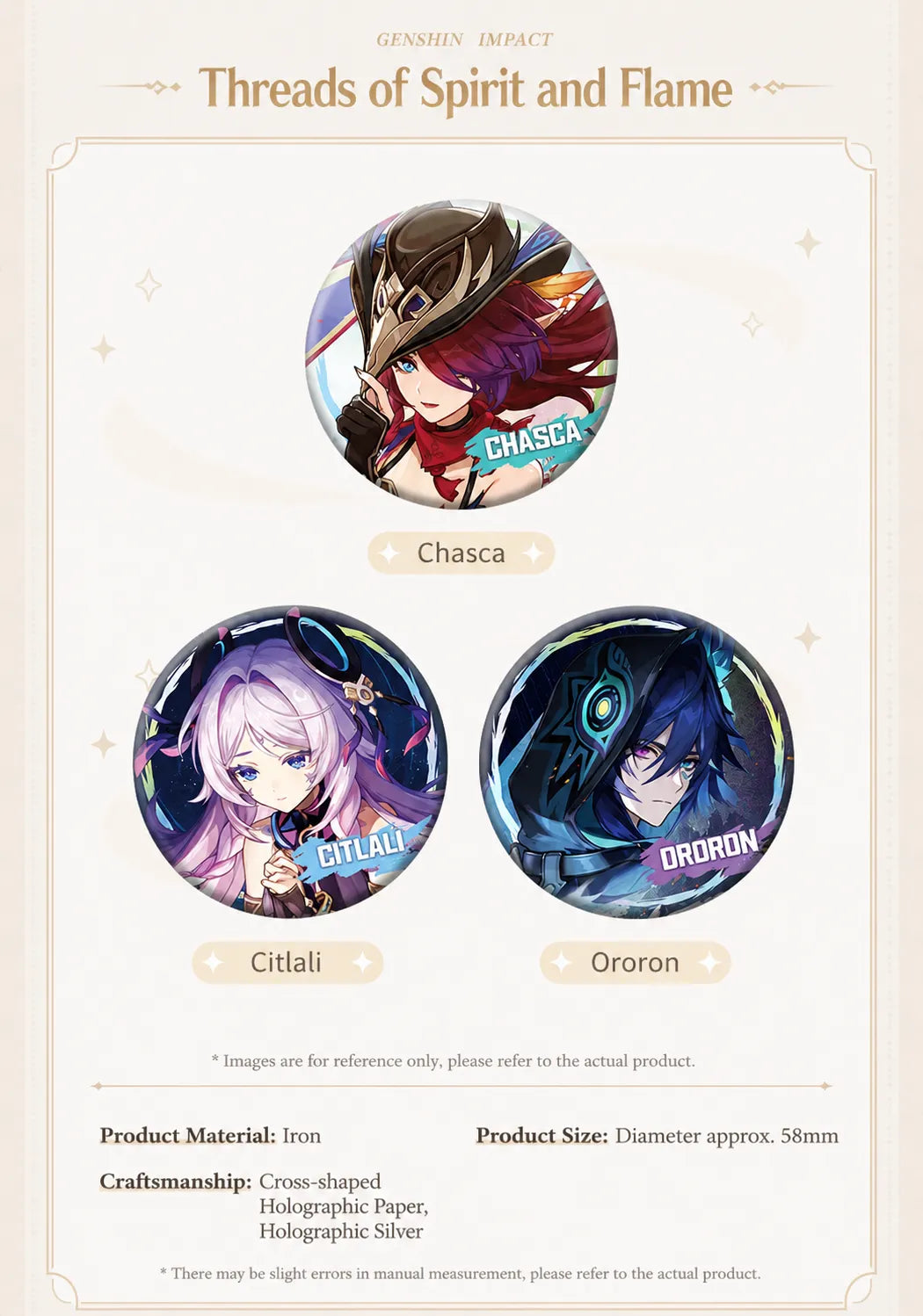 Genshin Impact Xiangling and Mavuika character badge set with holographic themed artwork