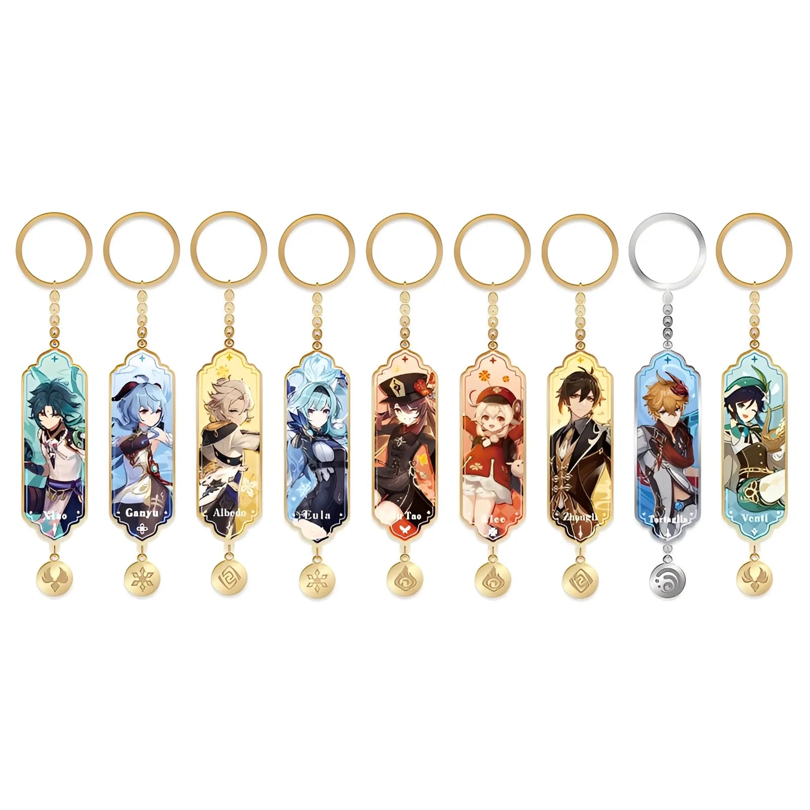 Genshin Impact character illustration series metal epoxy keychain collection featuring Venti Tartaglia Zhongli Klee Hu Tao Albedo Eula Xiao and Ganyu