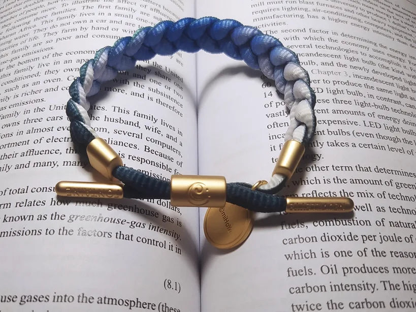 Real customer photo of a Genshin Impact character-inspired braided bracelet with blue gradient cord and metal charm displayed on book pages