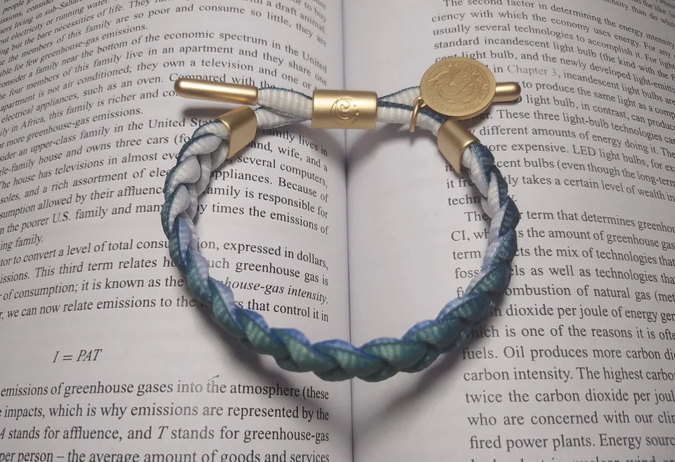 Customer review image showing a Genshin Impact character-inspired braided bracelet with blue and white woven cord and metallic charm