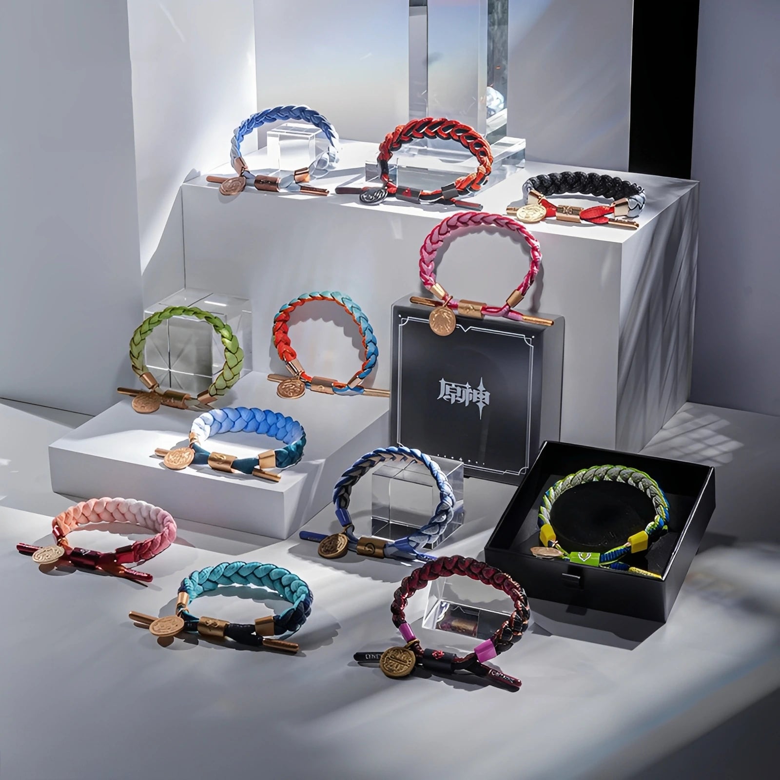 Genshin Impact character-inspired braided bracelet collection displayed with multiple designs and color variations