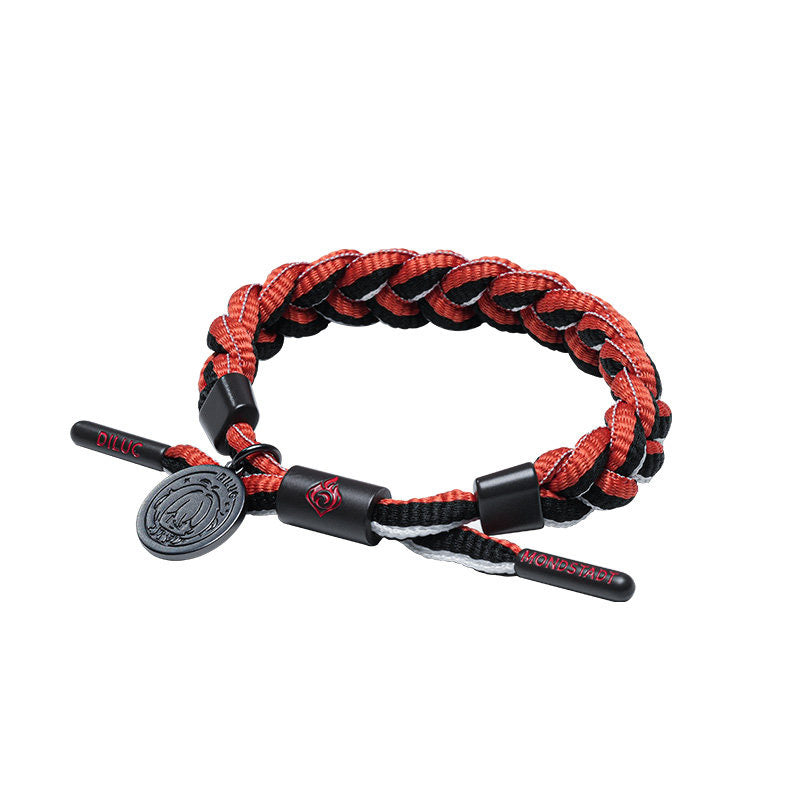 Diluc inspired braided bracelet from Genshin Impact with woven cord and metal charm