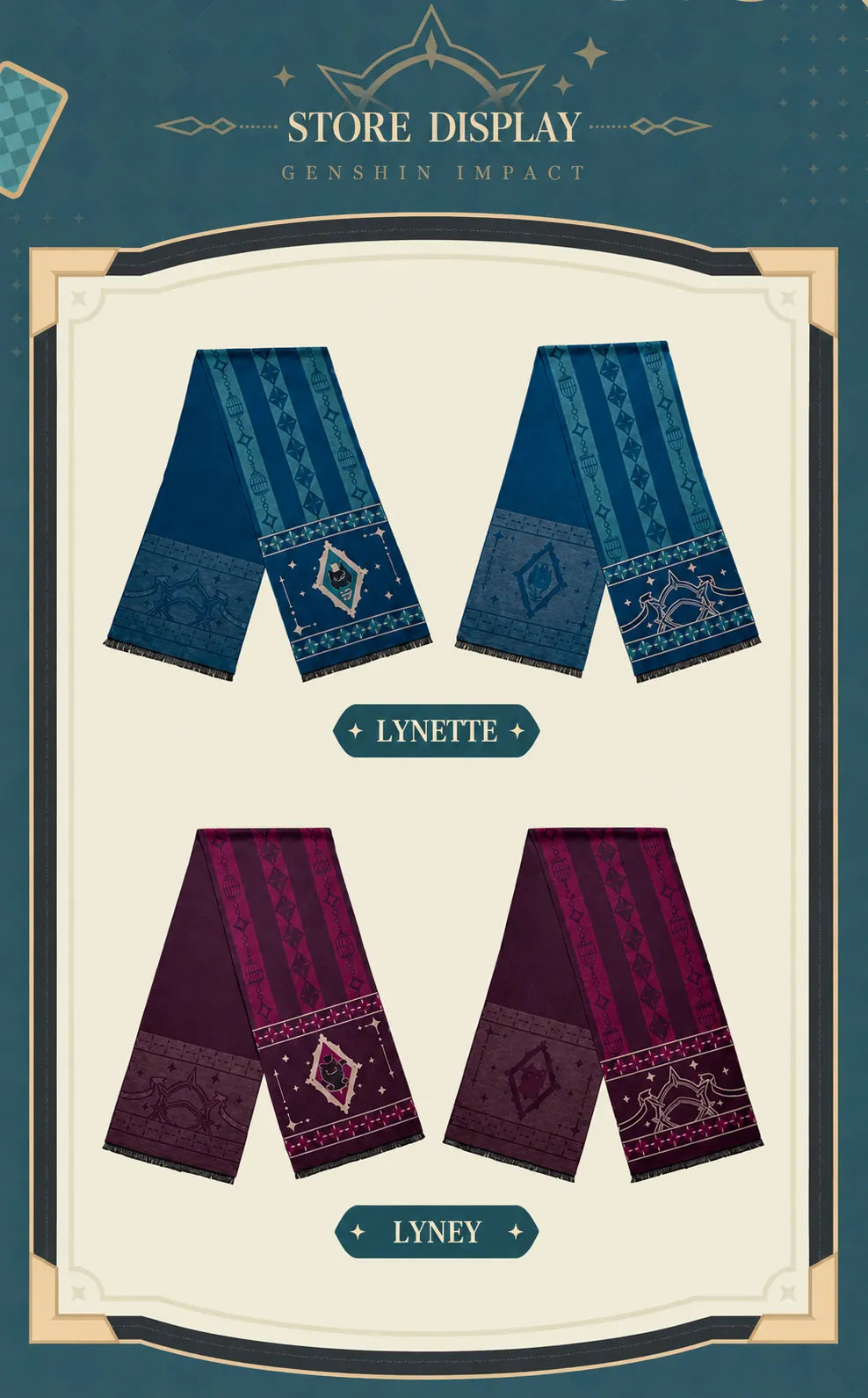 Detailed character motifs and decorative patterns on the Magic Show Series scarves