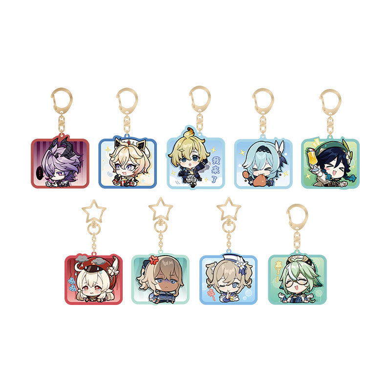 Genshin Impact chibi emoji acrylic keychain collection featuring Mondstadt characters including Klee