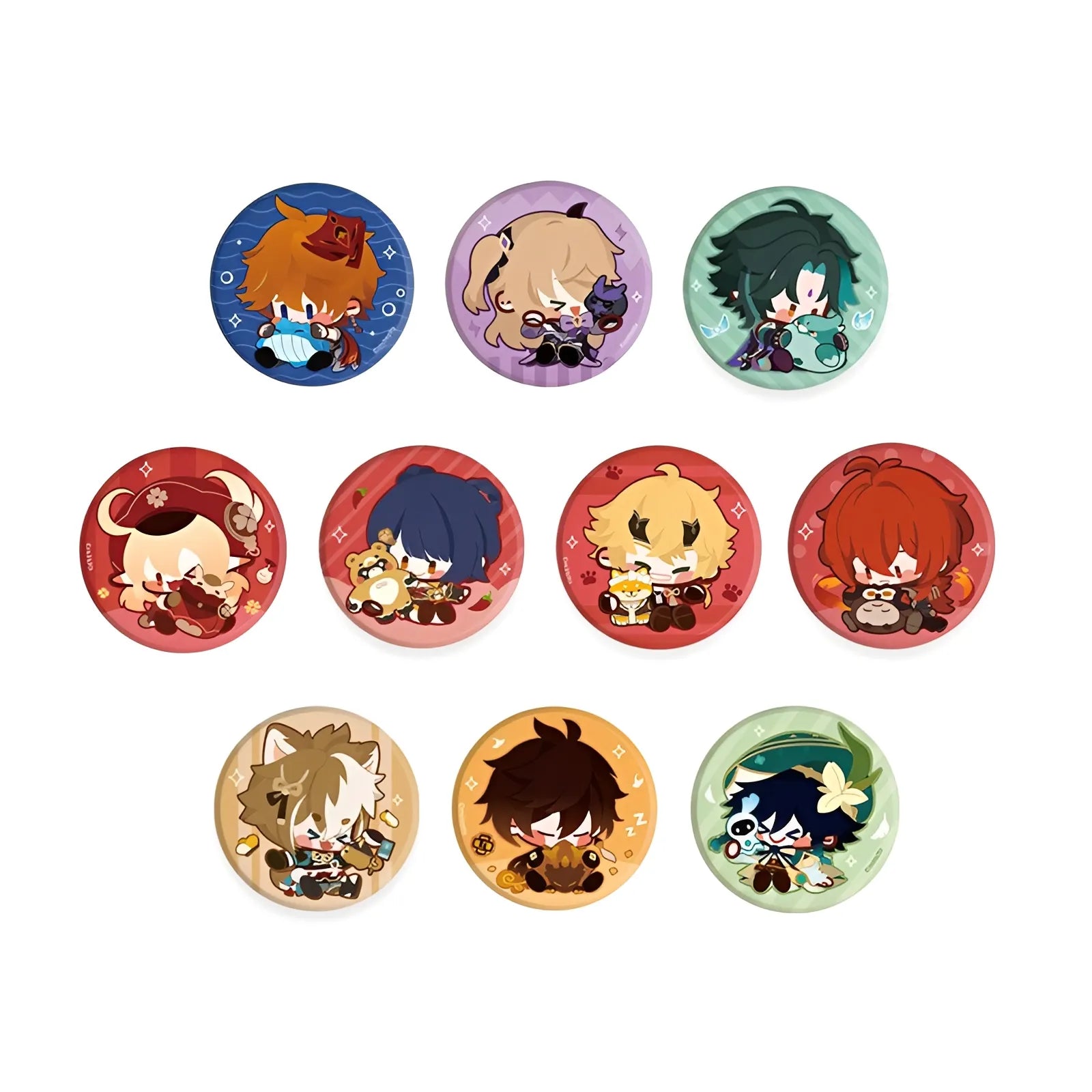 Genshin Impact chibi plush badge series featuring Tartaglia Zhongli Venti Klee Fischl Thoma Xiangling Gorou Xiao Diluc