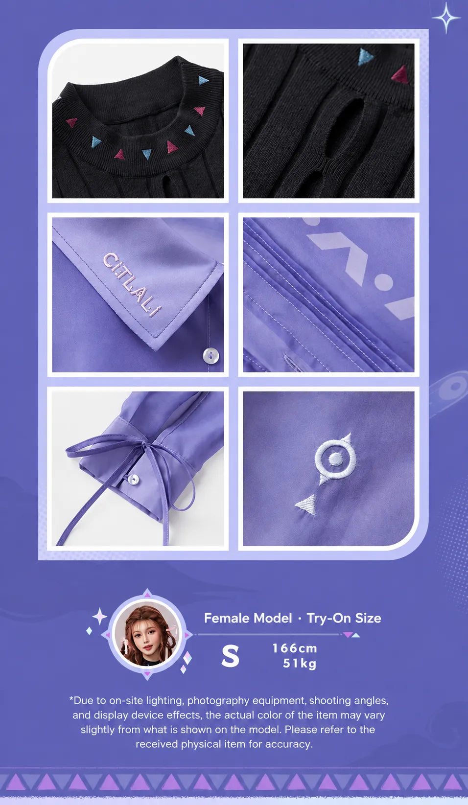 Close-up details of Citlali Themed Impressions Series shirt and knitted inner top
