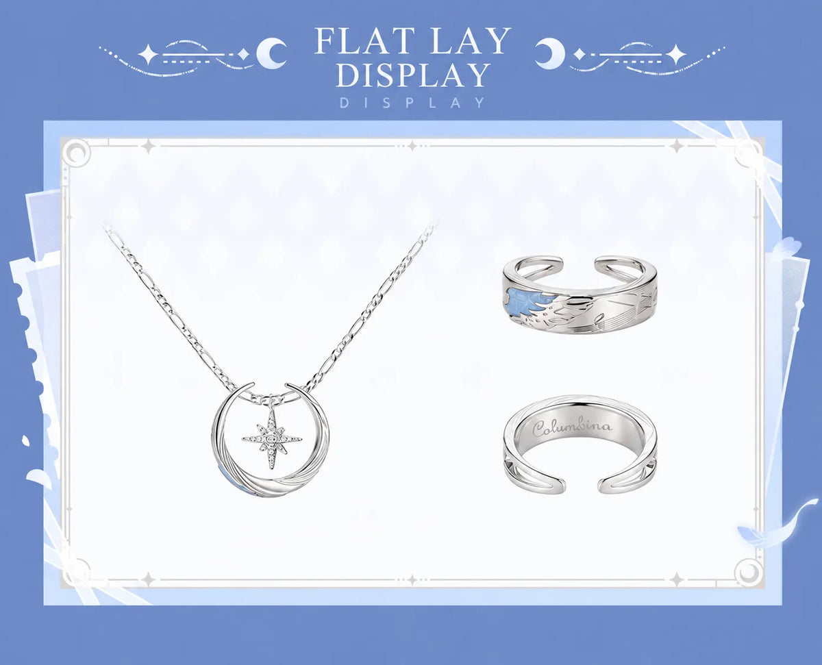Columbina Theme Impressions Series ring and necklace flat lay display