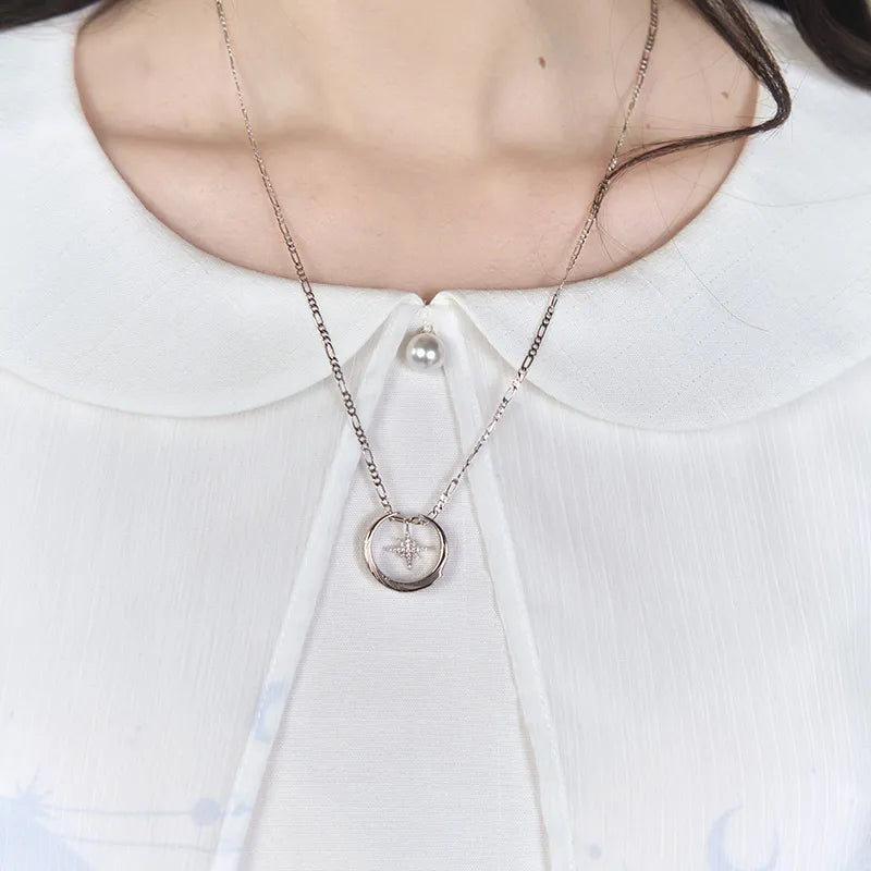 Model wearing the Columbina Theme Impressions Series necklace