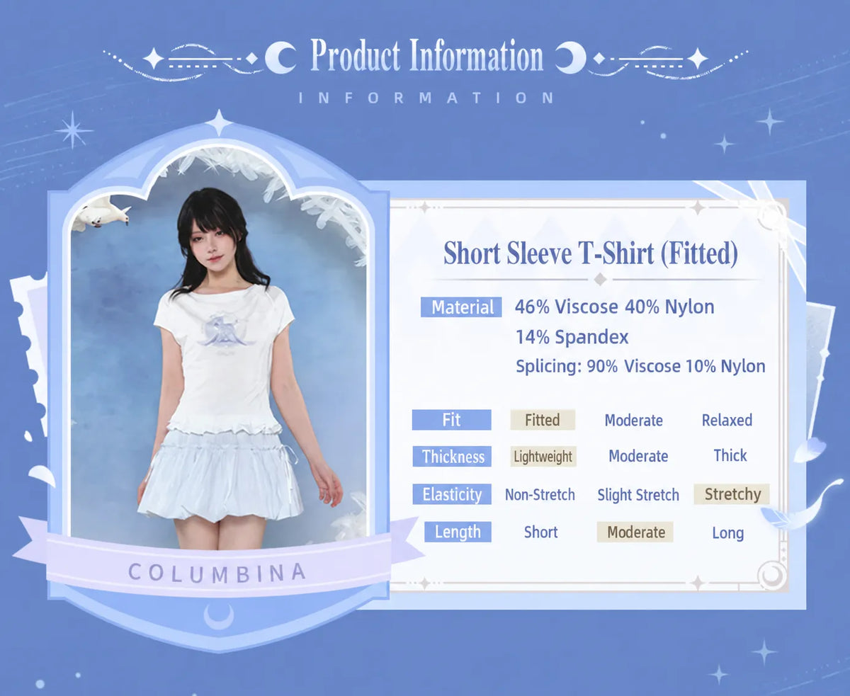 Full outfit view of Columbina T-shirt with feather backdrop
