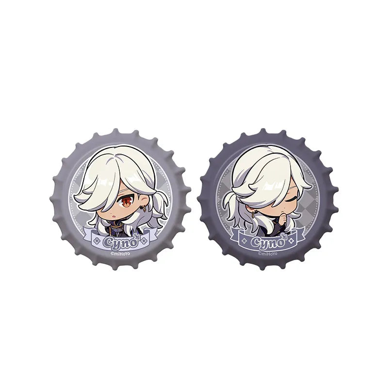 Cyno chibi magnetic bottle cap badge set from Genshin featuring cute collectible expressions and themed purple design