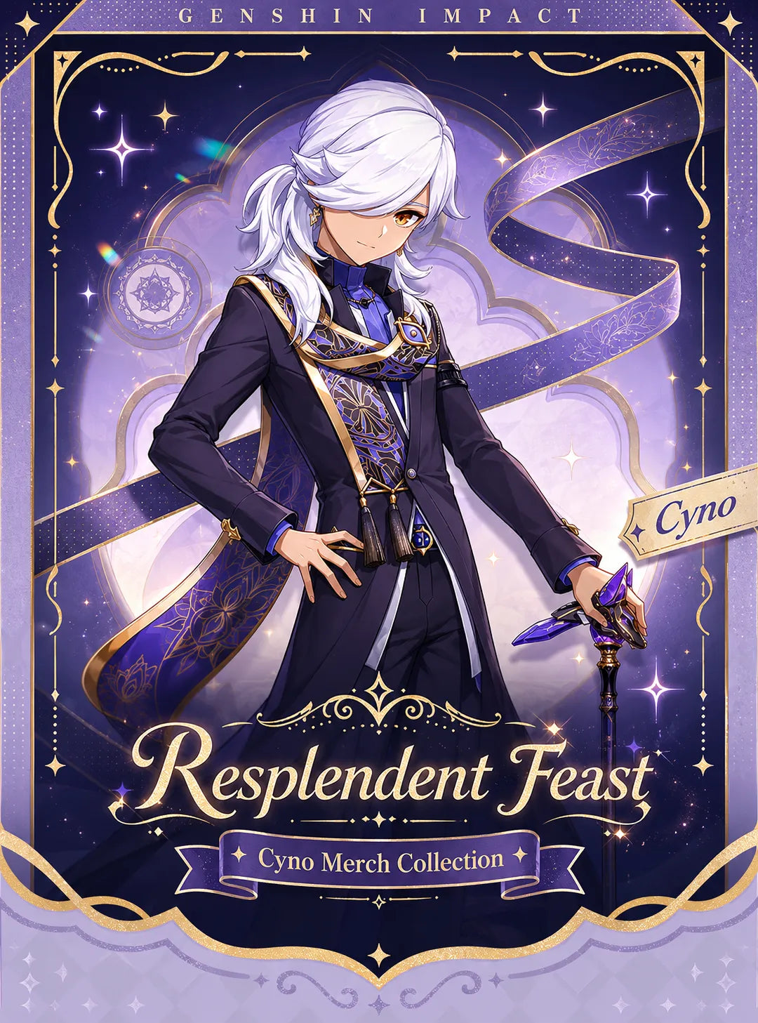 Cyno Resplendent Feast series visual from Genshin featuring elegant gray purple themed merchandise collection