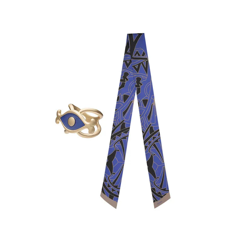 Cyno scarf and scarf ring set from Genshin Impact featuring elegant blue gold patterned silk scarf and decorative accessory ring