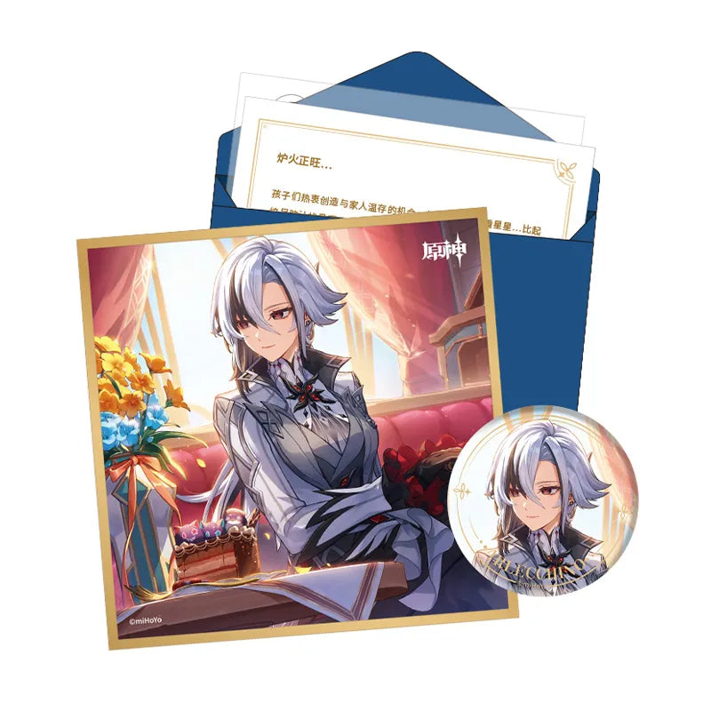 Genshin Day of Destiny Series Arlecchino Fatui Gift Box Set featuring badge display paper birthday letter and character sticker