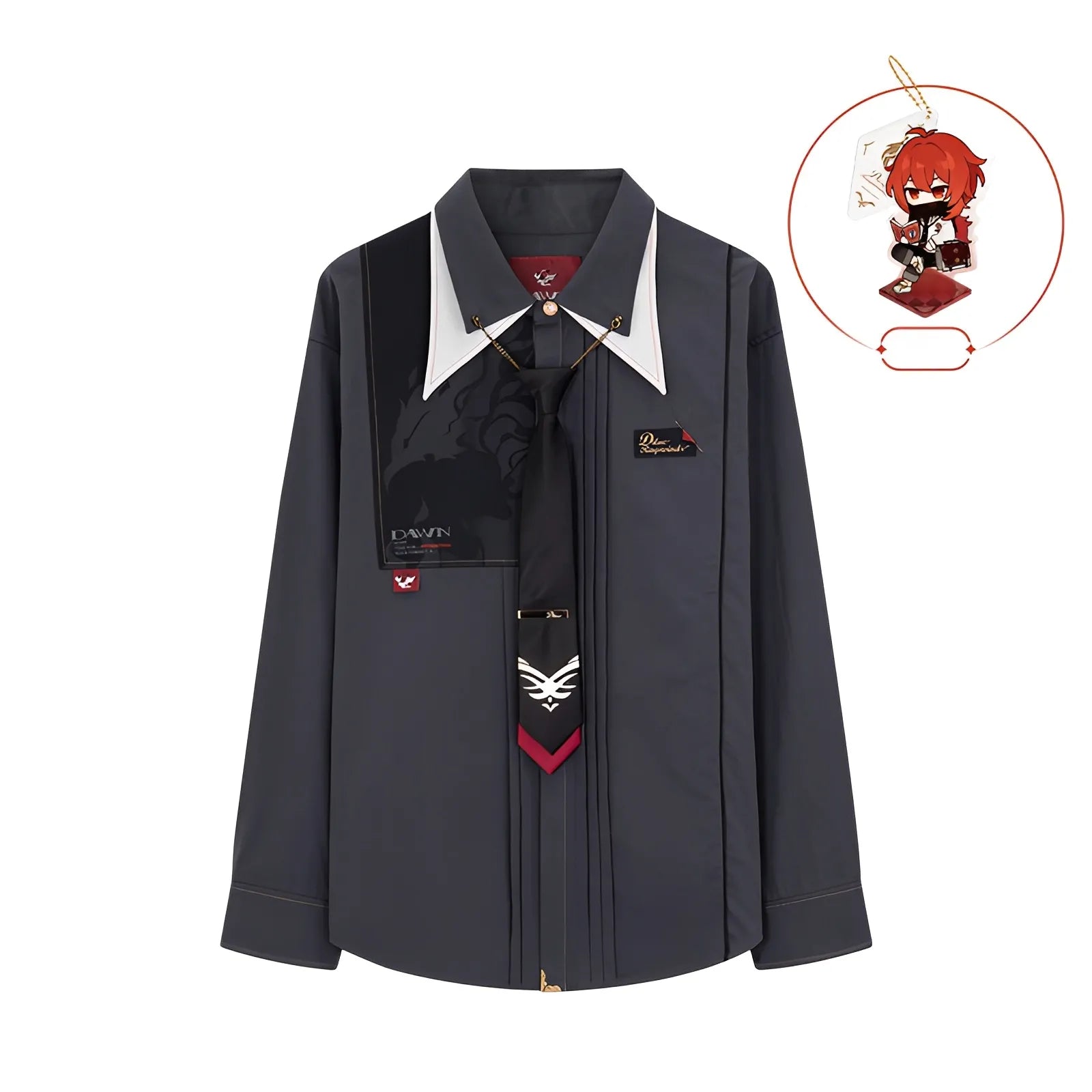 Genshin Impact Diluc impression shirt light gray detail collar tie design