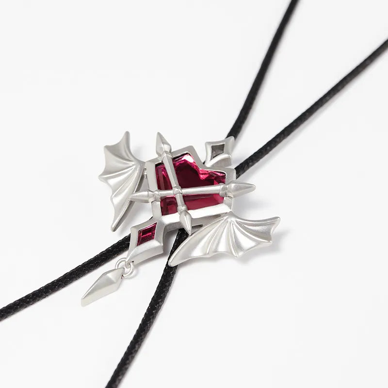 Durin bolo tie necklace with winged centerpiece and pink glass accents