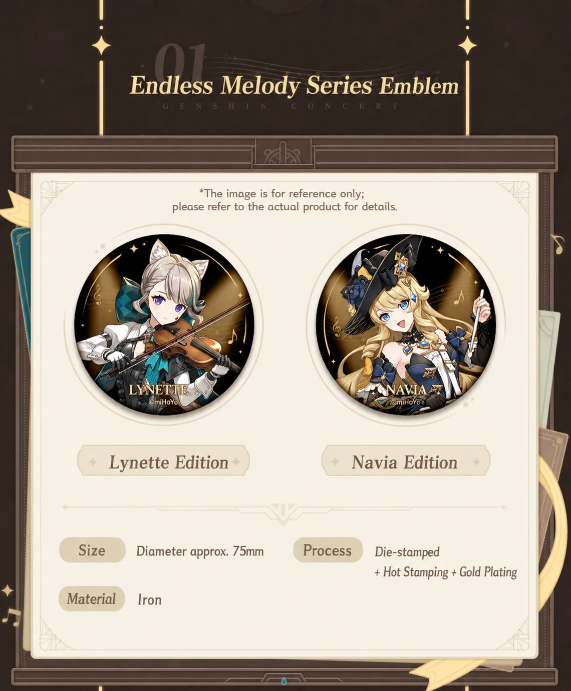 Genshin Impact Endless Melody Series Lynette and Navia collectible merch with gold-accented concert artwork