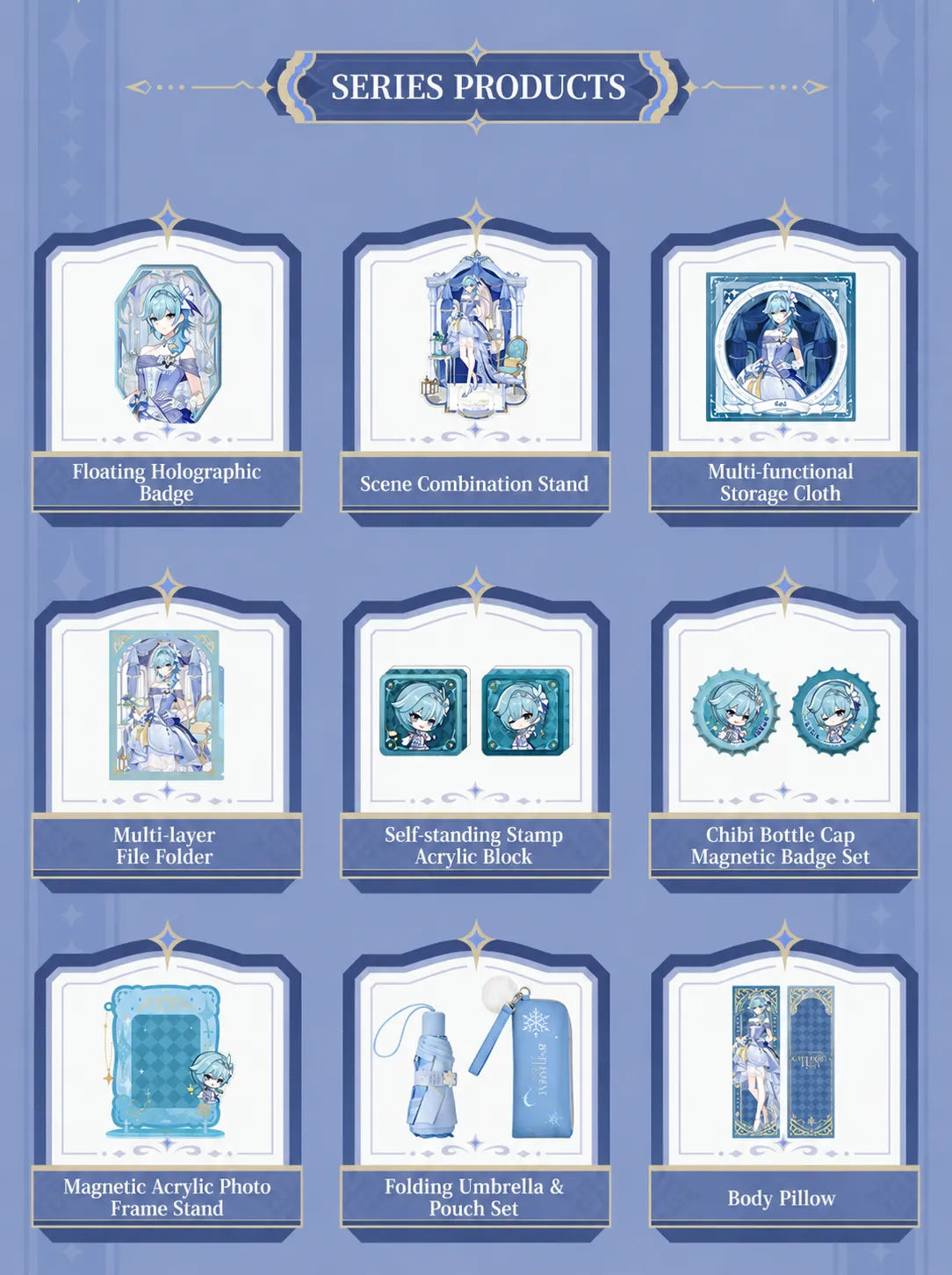 Genshin Eula Resplendent Feast merchandise lineup featuring badges acrylic stands umbrella accessories and storage goods