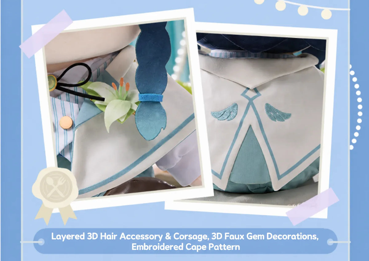 Venti Sitting Plush front and back views with removable outfit pieces