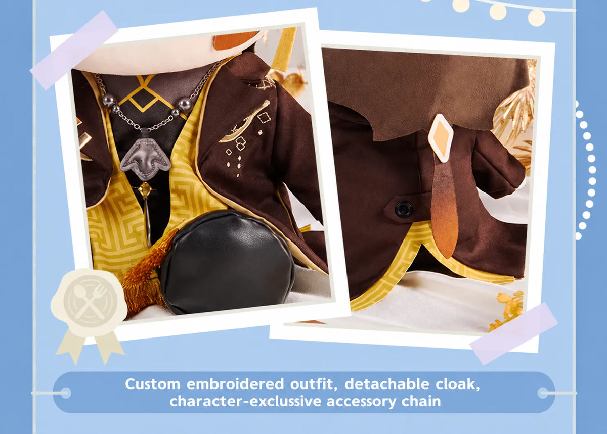 Zhongli Sitting Plush front and back views with removable outfit pieces