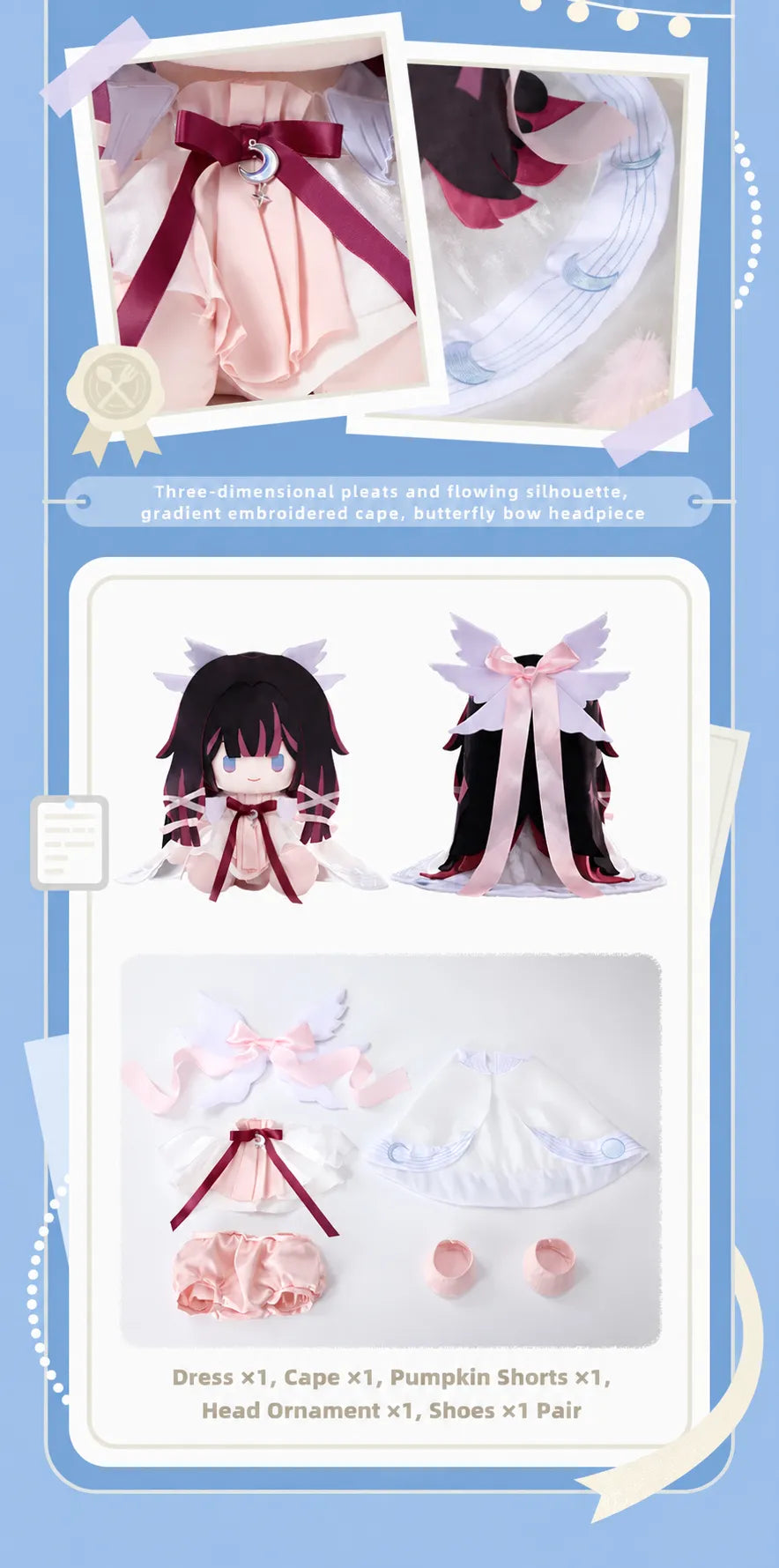 Anastasya Sitting Plush displayed with icy blue headpiece and layered cape