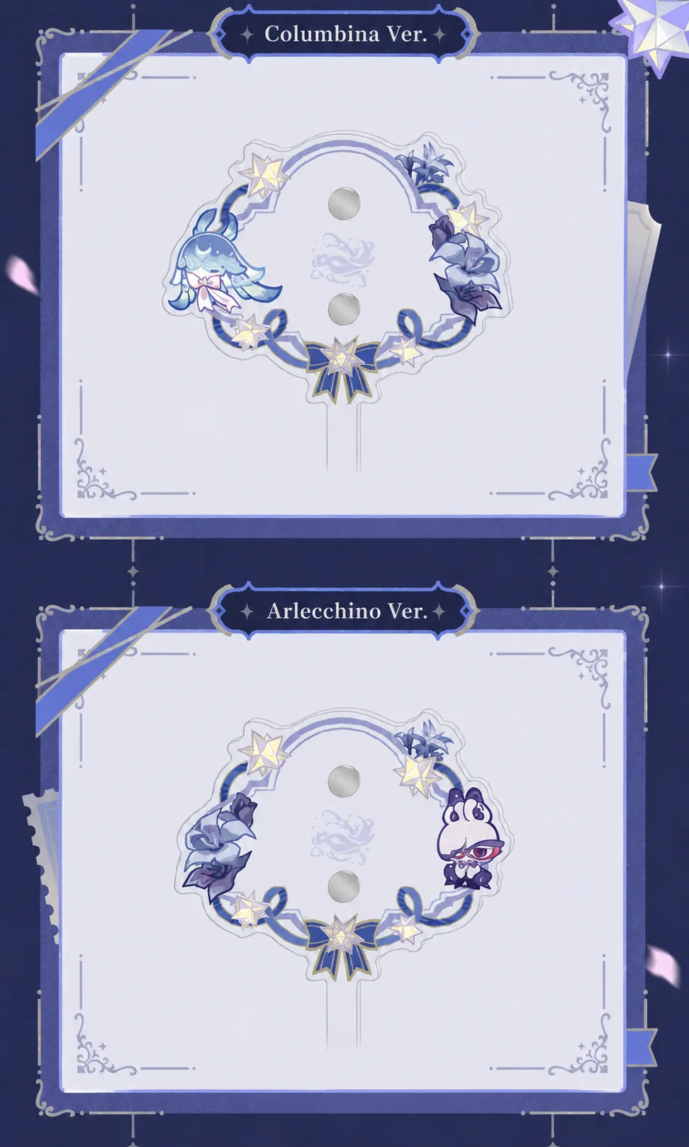 Columbina and Arlecchino acrylic photo prop designs from Genshin Impact FES 2026 Series
