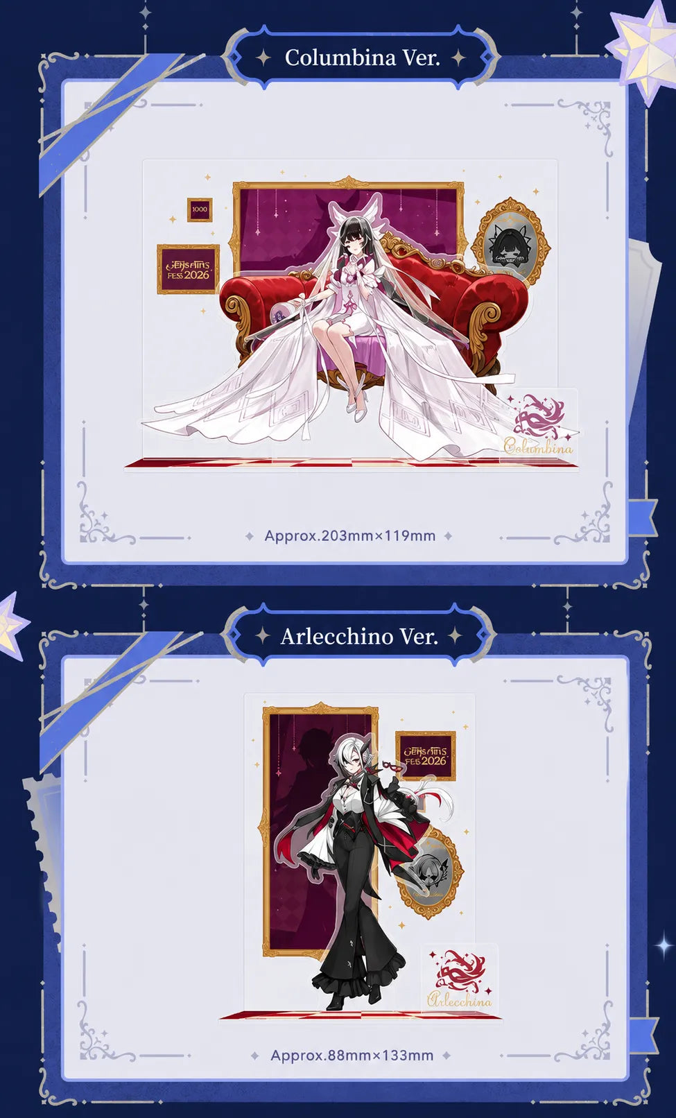 Columbina and Arlecchino Genshin Impact FES 2026 character acrylic stands