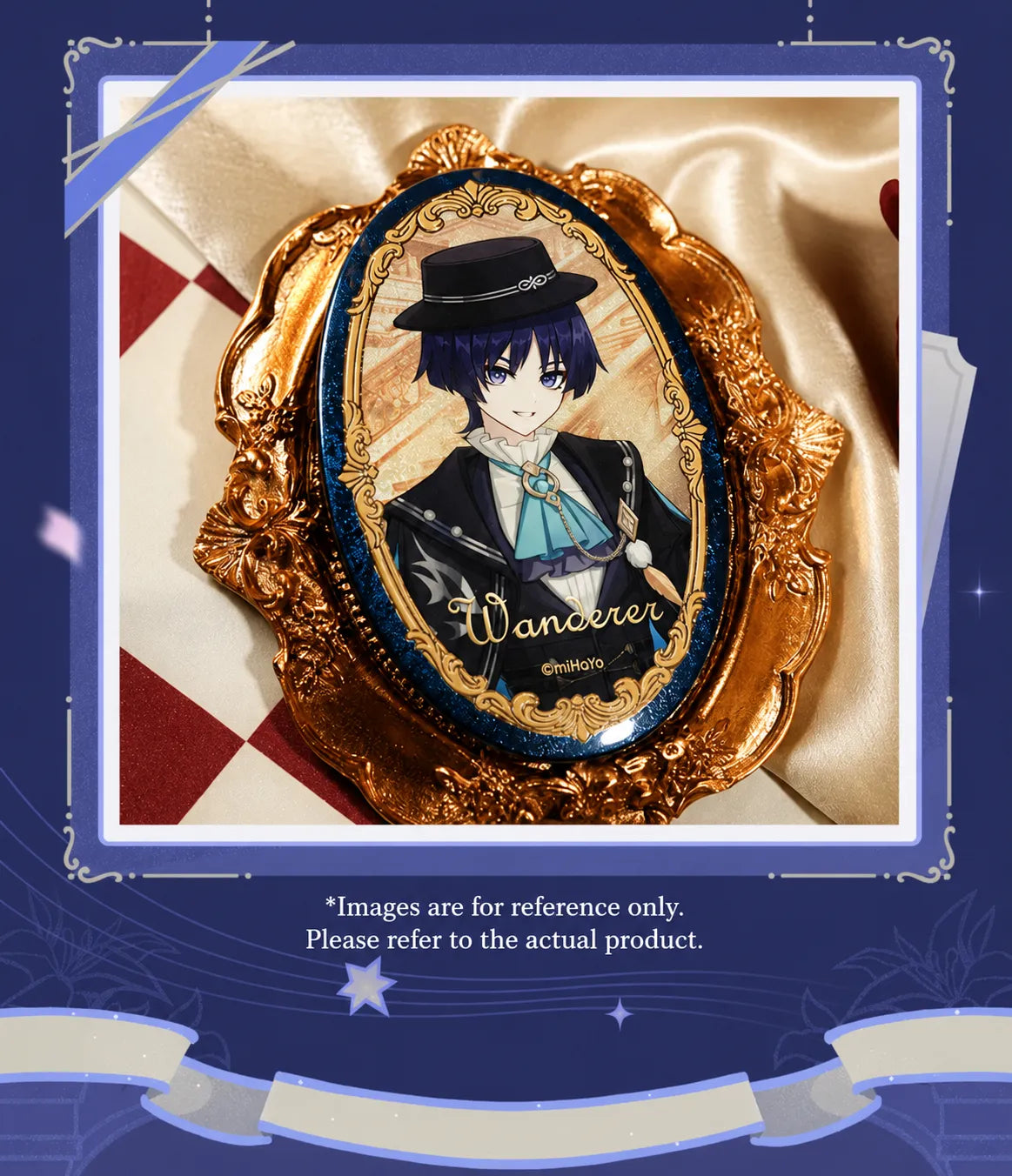 Genshin Impact FES 2026 Wanderer character badge product photography with ornate gold frame and shimmering finish