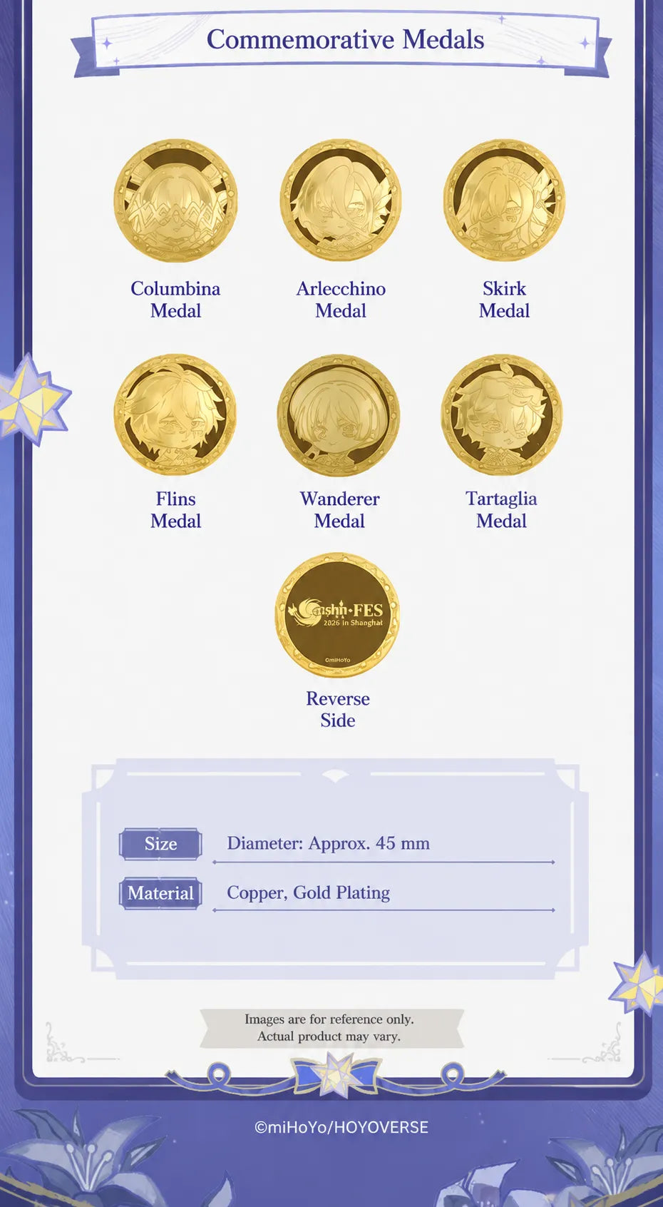 Genshin Impact FES 2026 commemorative medals featuring six character designs