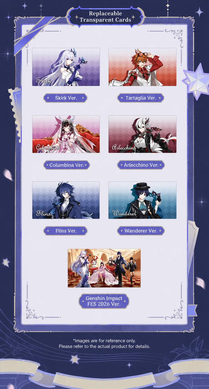 Genshin Impact FES 2026 interchangeable transparent character cards featuring Skirk Tartaglia Columbina Arlecchino Flins and Wanderer