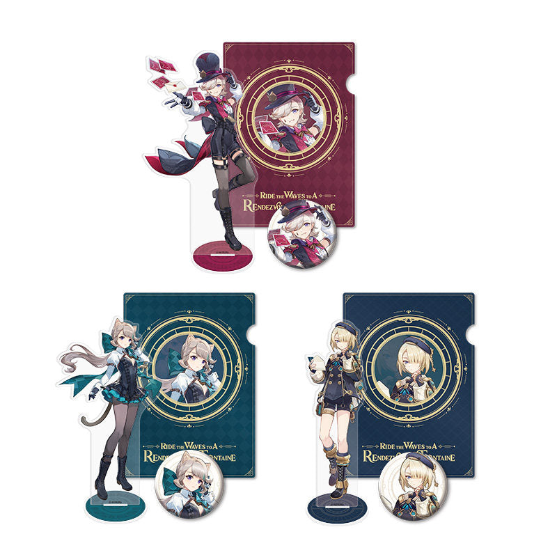 Genshin Impact Fontaine merchandise collection featuring Lyney Lynette Freminet including pins acrylic standees and file folders display